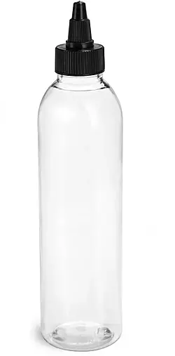 6 oz Plastic Bottles, Clear PET Cosmo Round Bottles w/ Black Induction Lined Twist Top Caps