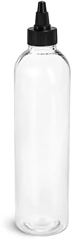 8 oz Plastic Bottles, Clear PET Cosmo Round Bottles w/ Black Induction Lined Twist Top Caps