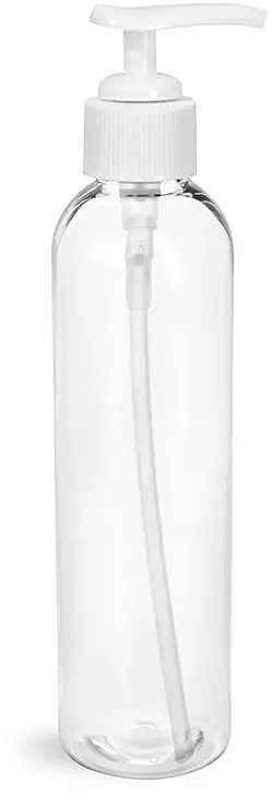 8 oz Clear PET Cosmo Round Bottles w/ White Lotion Pump