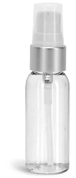 1 oz PET Plastic Bottles, Clear Cosmo Round Bottles w/ White Brushed Aluminum Lotion Pumps