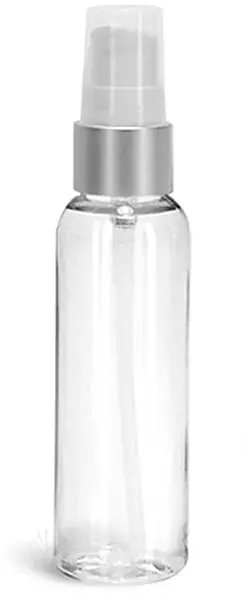 2 oz PET Plastic Bottles, Clear Cosmo Round Bottles w/ White Brushed Aluminum Lotion Pumps