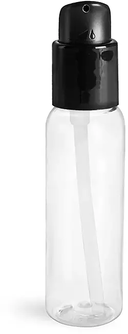 2 oz Clear PET Cosmo Round Bottles w/ Black Treatment Pumps