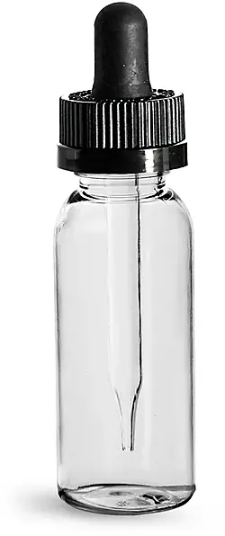 1 oz Plastic Bottles, Clear PET Cosmo Round Bottles w/ Black Child Resistant Droppers