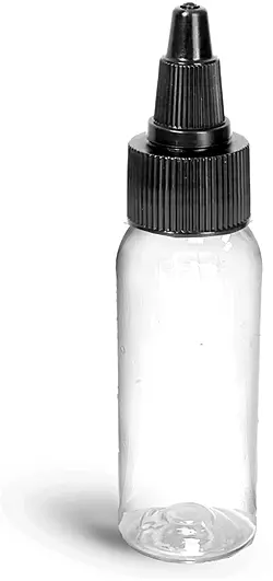 1 oz Clear PET Squeezable Cosmo Round Bottles w/ Black Twist Top Caps