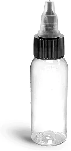 1 oz Clear PET Squeezable Cosmo Round Bottles w/ Black/Natural Twist Top Caps