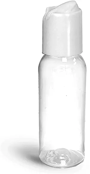 1 oz Clear PET Squeezable Cosmo Round Bottles w/ White Disc Top Caps