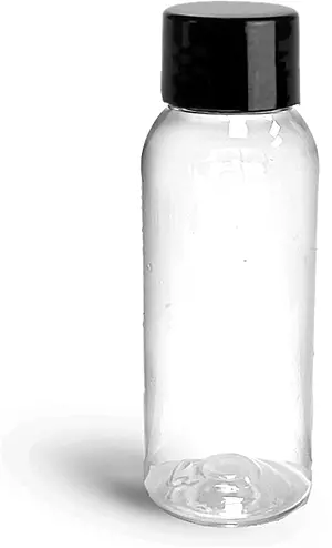 1 oz Clear PET Squeezable Cosmo Round Bottles w/ Smooth Black Lined Plastic Caps