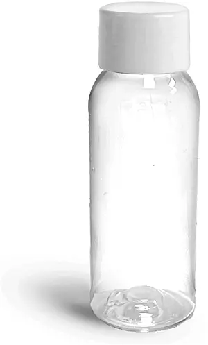 1 oz Clear PET Squeezable Cosmo Round Bottles w/ Smooth White Lined Plastic Caps