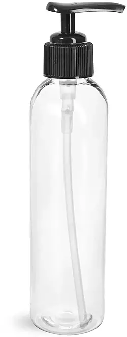 8 oz Clear PET Cosmo Round Bottles w/ Black Lotion Pumps