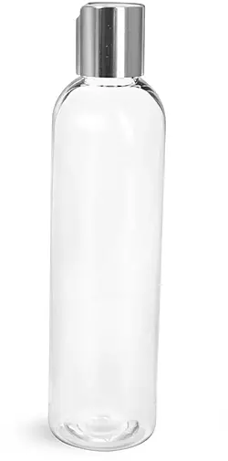 8 oz Clear PET Cosmo Round Bottles w/ Smooth Silver Disc Top Caps