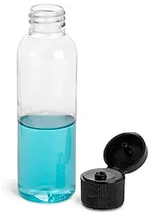 2 oz (Black Cap) Clear PET Cosmo Round Bottles w/ Black Ribbed Snap Caps