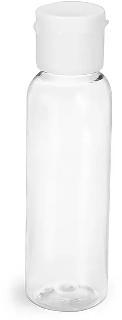 2 oz (White Cap) Clear PET Cosmo Round Bottles w/ White Ribbed Snap Caps
