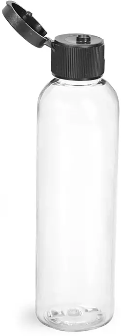 4 oz (Black Cap) Clear PET Cosmo Round Bottles w/ Black Ribbed Snap Caps