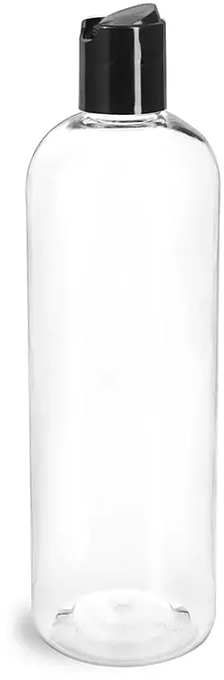 16 oz Clear PET Cosmo Round Bottles w/ Smooth Black Disc Top Caps