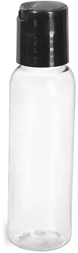 2 oz Clear PET Cosmo Round Bottles w/ Smooth Black Disc Top Caps