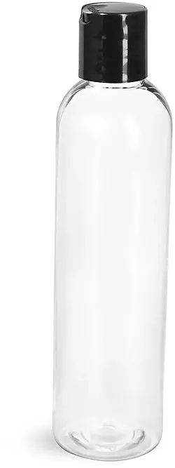 8 oz Clear PET Cosmo Round Bottles w/ Smooth Black Disc Top Caps 8 oz Clear PET Cosmo Round Bottles w/ Smooth Black Disc Top Caps