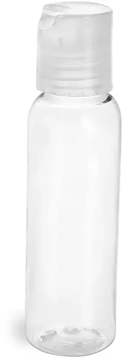 2 oz Clear PET Cosmo Round Bottles w/ Natural Disc Top Caps