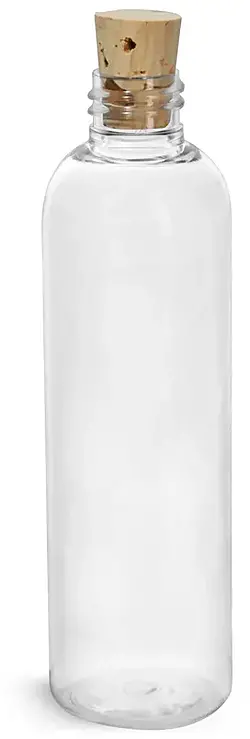 4 oz Clear PET Cosmo Round Bottles w/ Cork Stopper