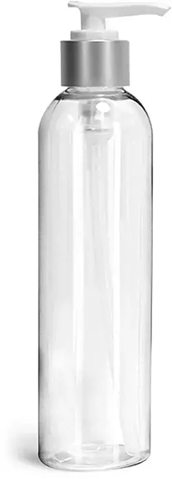 8 oz Clear PET Cosmo Round Bottles w/ White Brushed Aluminum Lotion Pumps