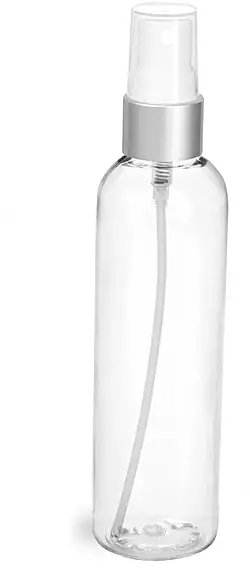 4 oz Clear PET Cosmo Round Bottles w/ White Sprayers w/ Brushed Aluminum Collars