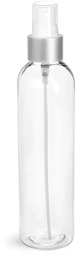 8 oz Clear PET Cosmo Round Bottles w/ White Sprayers w/ Brushed Aluminum Collars