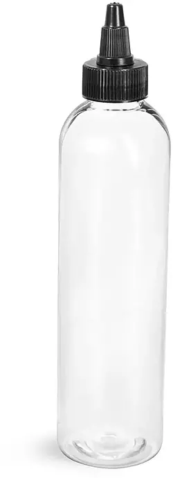 8 oz Clear PET Cosmo Round Bottles w/ Black Twist Top Caps