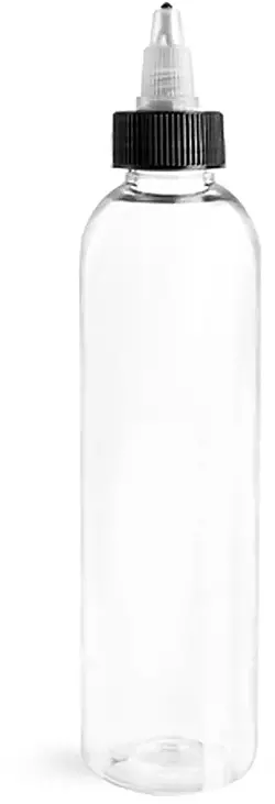 8 oz Clear PET Cosmo Round Bottles w/ Black / Natural Twist Top Caps