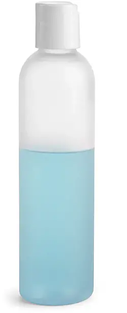 8 oz Frosted PET Cosmo Round Bottles w/ White Smooth Disc Top Caps