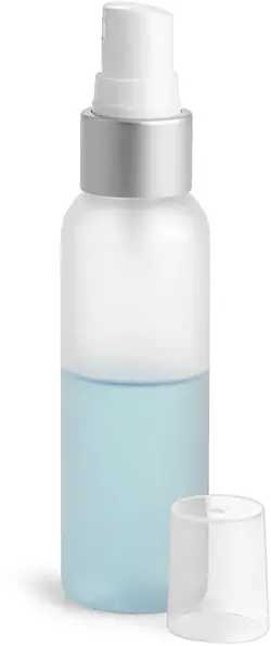 2 oz Frosted PET Cosmo Round Bottles w/ White Fine Mist Sprayers w/ Brushed Aluminum Collars