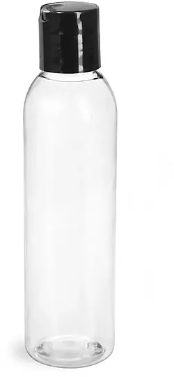 8 oz Clear PET Cosmo Round Bottles w/ Black Induction Lined Disc Top Caps