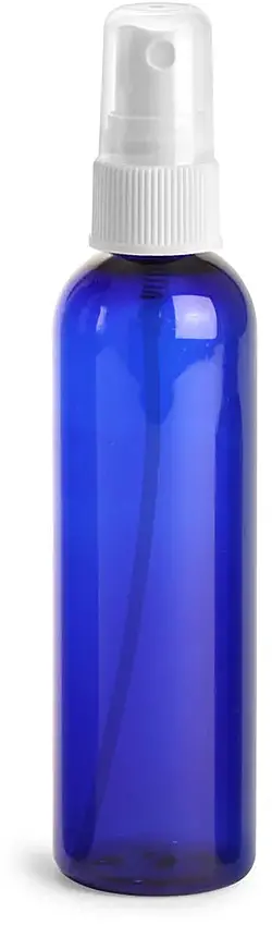 4 oz Blue PET Cosmo Round Bottles w/ White Fine Mist Sprayers
