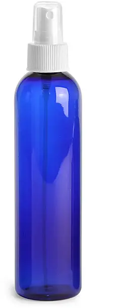 8 oz Blue PET Cosmo Round Bottles w/ White Fine Mist Sprayers