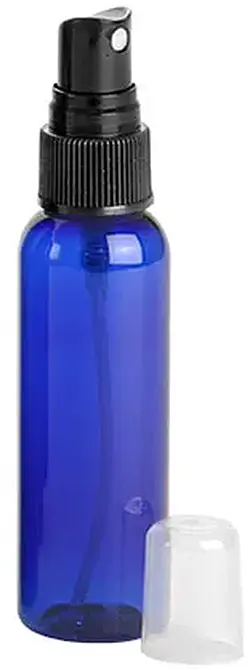 2 oz Blue PET Cosmo Round Bottles w/ Black Fine Mist Sprayers