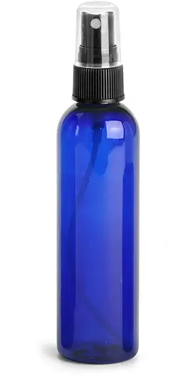 4 oz Blue PET Cosmo Round Bottles w/ Black Fine Mist Sprayers