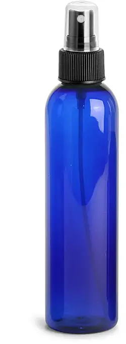 8 oz Blue PET Cosmo Round Bottles w/ Black Fine Mist Sprayers
