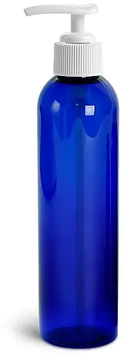 8 oz Blue PET Cosmo Round Bottles w/ White Lotion Pumps