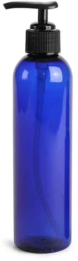8 oz Blue PET Cosmo Round Bottles w/ Black Lotion Pumps