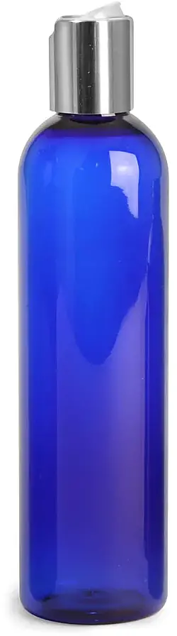 8 oz Blue PET Cosmo Round Bottles w/ Silver Disc Top Caps