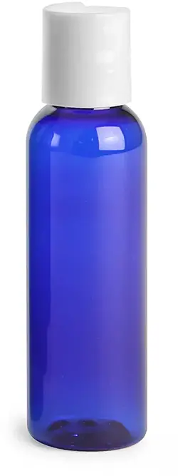 2 oz Blue PET Cosmo Round Bottles w/ Smooth White Disc Top Caps