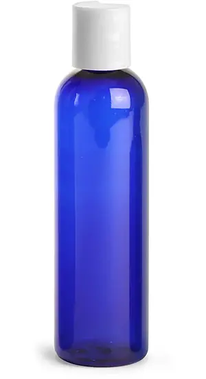 4 oz Blue PET Cosmo Round Bottles w/ Smooth White Disc Top Caps