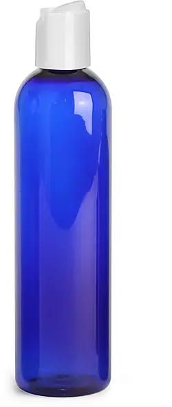 8 oz Blue PET Cosmo Round Bottles w/ Smooth White Disc Top Caps