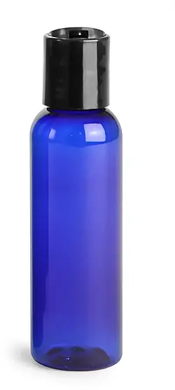 2 oz Blue PET Cosmo Round Bottles w/ Smooth Black Disc Top Caps