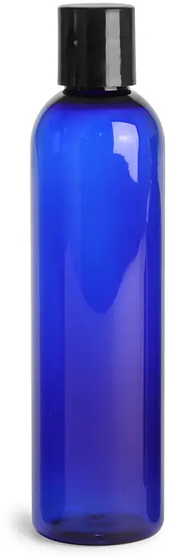 8 oz Blue PET Cosmo Round Bottles w/ Smooth Black Disc Top Caps