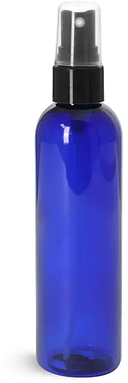 4 oz Plastic Bottles, Blue PET Cosmo Round Bottles w/ Smooth Black Fine Mist Sprayers
