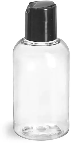 2 oz Clear PET Boston Round Bottles w/ Smooth Black Disc Top Caps
