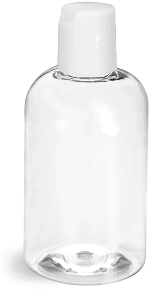4 oz Clear PET Boston Round Bottles w/ Smooth White Disc Top Caps
