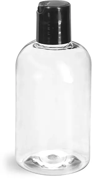 4 oz Clear PET Boston Round Bottles w/ Smooth Black Disc Top Caps