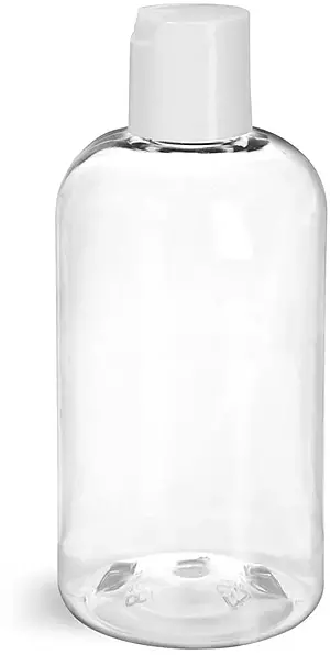 8 oz Clear PET Boston Round Bottles w/ Smooth White Disc Top Caps