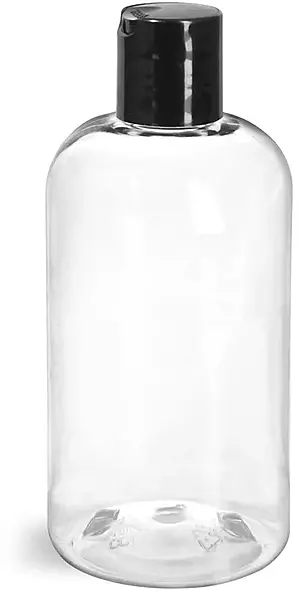 8 oz Clear PET Boston Round Bottles w/ Smooth Black Disc Top Caps