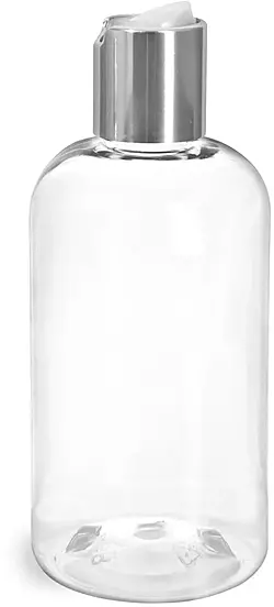 8 oz Clear PET Boston Round Bottles w/ Silver Disc Top Caps